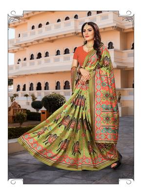 Digital print assami silk saree with jequared unstitched blouse and beautiful multicoloured thred work at pallu 5