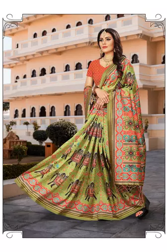 Digital print assami silk saree with jequared unstitched blouse and beautiful multicoloured thred work at pallu