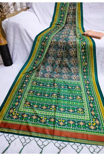 Digital print assami silk saree with jequared unstitched blouse and beautiful multicoloured thred work at pallu
