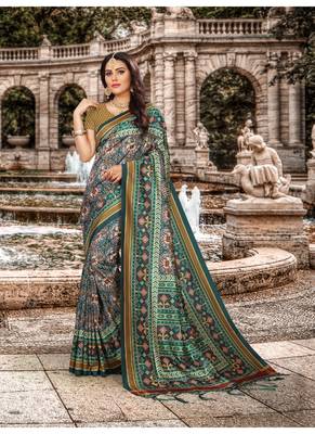 Digital print assami silk saree with jequared unstitched blouse and beautiful multicoloured thred work at pallu 3