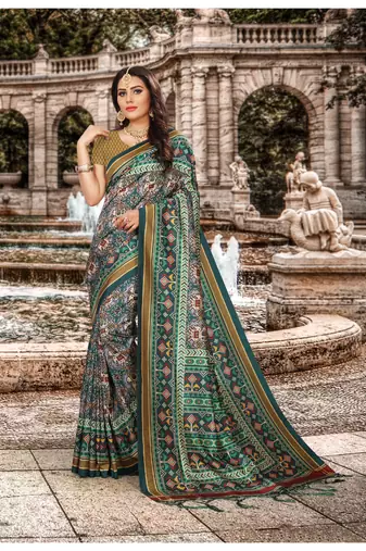 Digital print assami silk saree with jequared unstitched blouse and beautiful multicoloured thred work at pallu