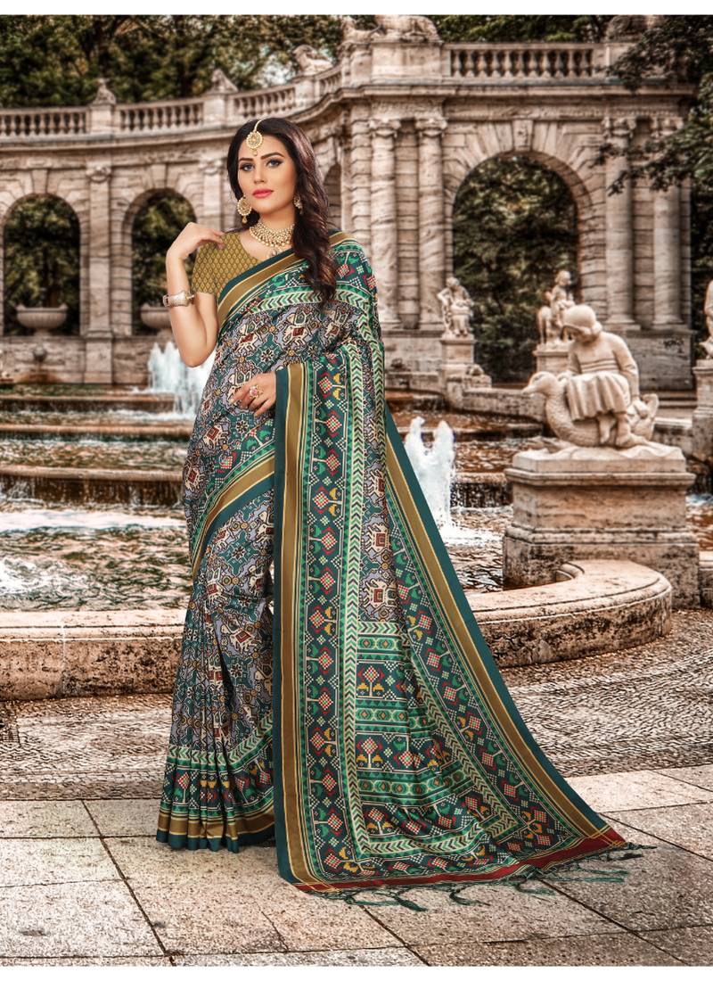 Digital print assami silk saree with jequared unstitched blouse and beautiful multicoloured thred work at pallu