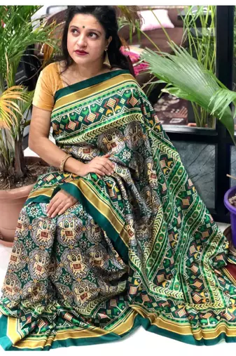Digital print assami silk saree with jequared unstitched blouse and beautiful multicoloured thred work at pallu