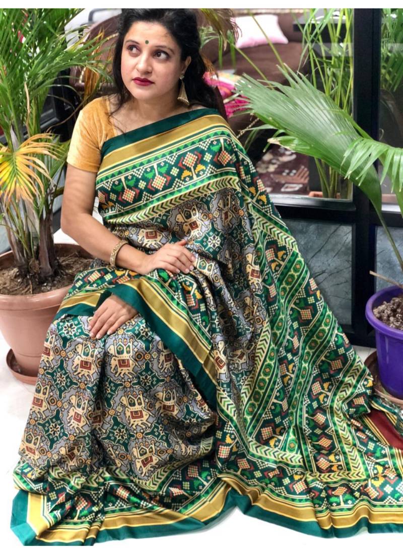 Digital print assami silk saree with jequared unstitched blouse and beautiful multicoloured thred work at pallu