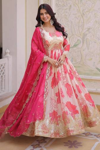 Pink silk embroidery zari sequins flared gown with heavy dupatta