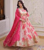 pink silk embroidered zari sequins gown with koti and dupatta