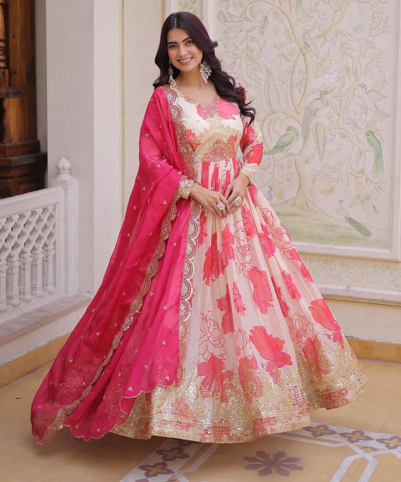 Pink silk embroidery zari sequins flared gown with heavy dupatta