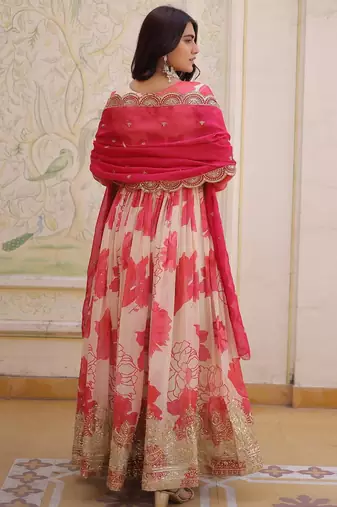 pink silk embroidered zari sequins gown and dupatta