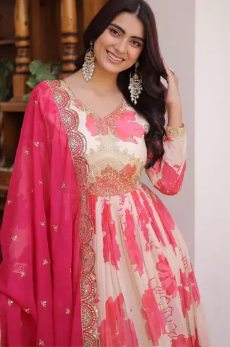 pink silk embroidered zari sequins gown and dupatta
