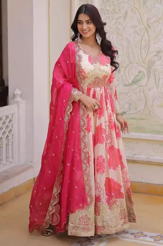 pink silk embroidered zari sequins gown and dupatta