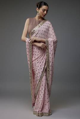 light pink georgette saree with sequins butti and embroidery work 1