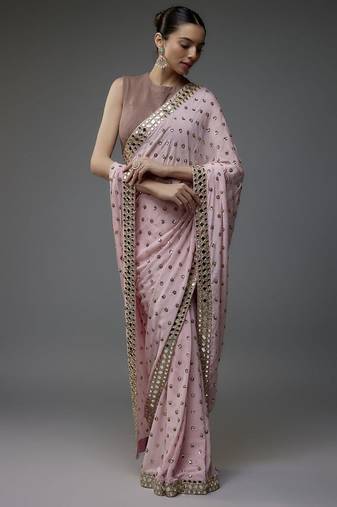 light pink georgette saree with sequins butti and embroidery work