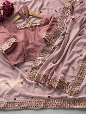 light pink georgette saree with sequins butti and embroidery work 4