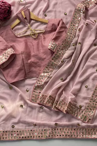 light pink georgette saree with sequins butti and embroidery work