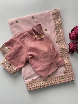 light pink georgette saree with sequins butti and embroidery work 5