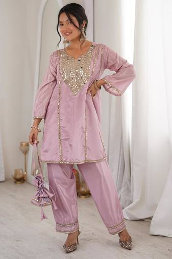 Pink silk mirror embroidery work kurta with pant and designer batwa