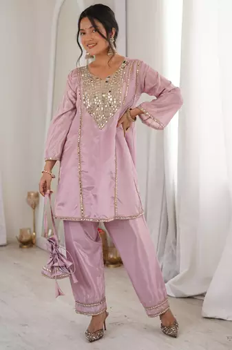 Pink silk mirror embroidery work kurta with pant and designer batwa