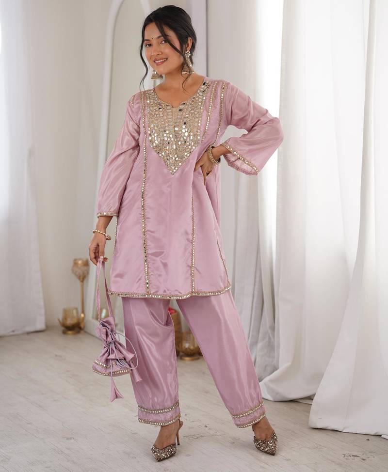 Pink silk mirror embroidery work kurta with pant and designer batwa