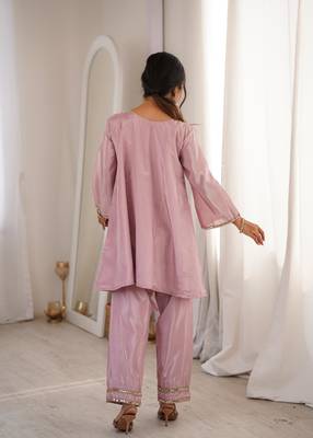 pink silk mirror work kurta pant set with designer batwa 2