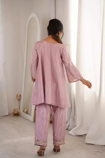 pink silk mirror work kurta pant set with designer batwa