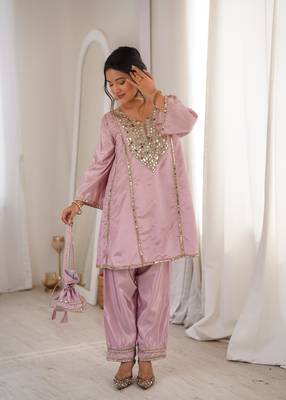 pink silk mirror work kurta pant set with designer batwa 4