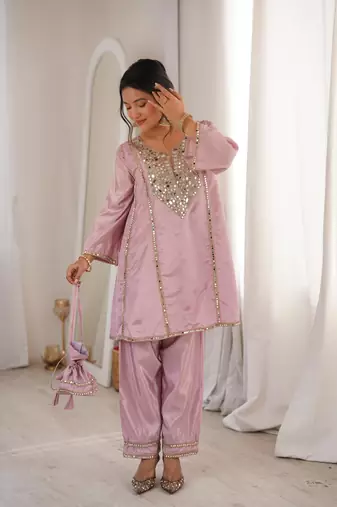 pink silk mirror work kurta pant set with designer batwa