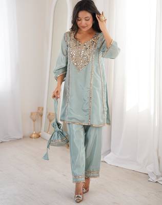 sky blue silk mirror work kurta pant set with designer batwa 1