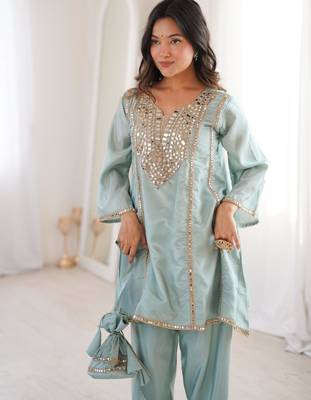 sky blue silk mirror work kurta pant set with designer batwa 3