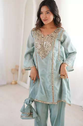 sky blue silk mirror work kurta pant set with designer batwa