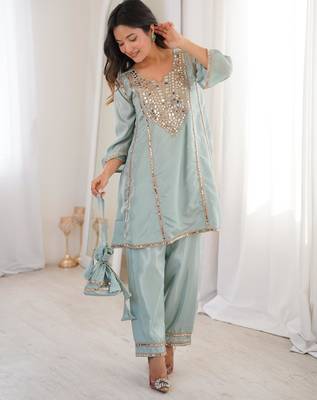 sky blue silk mirror work kurta pant set with designer batwa 4
