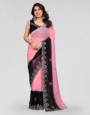black and pink georgette silk embroidery work saree 1