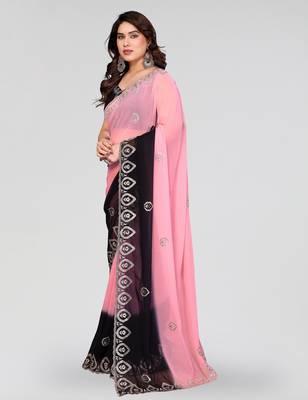 black and pink georgette silk embroidery work saree 2