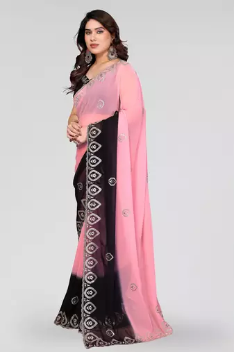 black and pink georgette silk embroidery work saree