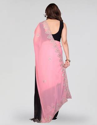 black and pink georgette silk embroidery work saree 3