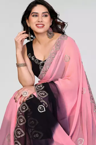 black and pink georgette silk embroidery work saree