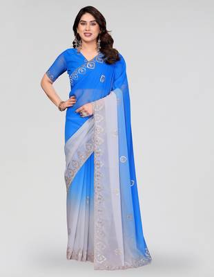 blue and grey georgette silk embroidery work saree 1