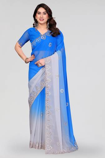 Blue greay georgette silk pading with embroidery work saree and embroidery work blouse