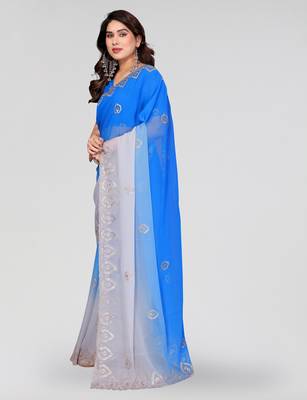 blue and grey georgette silk embroidery work saree 2