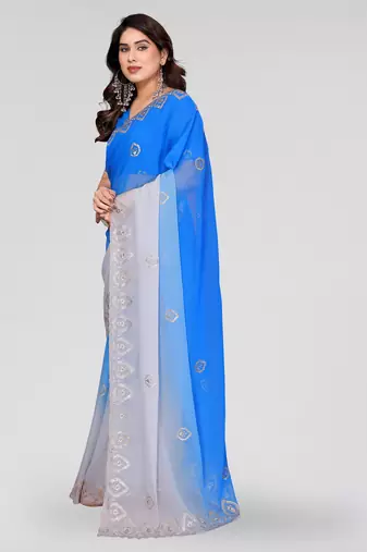 blue and grey georgette silk embroidery work saree