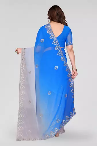 blue and grey georgette silk embroidery work saree