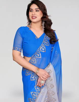 blue and grey georgette silk embroidery work saree 4