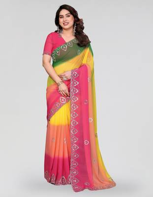green and pink georgette silk embroidery work saree 1