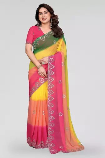 Green pink georgette silk pading with embroidery work saree and embroidery work blouse