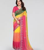 Green pink georgette silk pading with embroidery work saree and embroidery work blouse