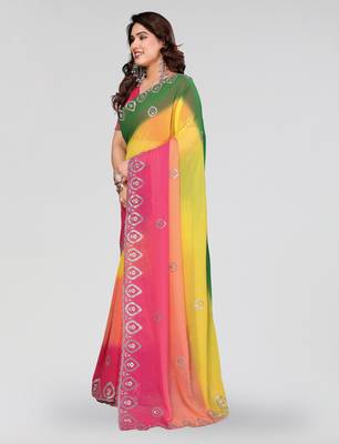 green and pink georgette silk embroidery work saree 2