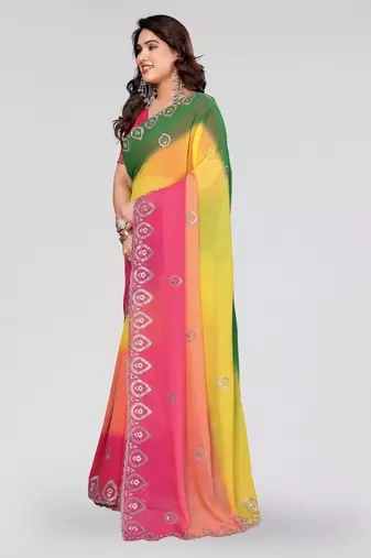 green and pink georgette silk embroidery work saree