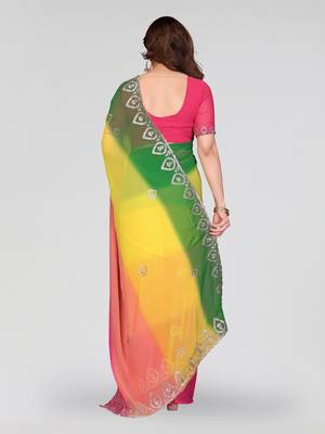 green and pink georgette silk embroidery work saree 3
