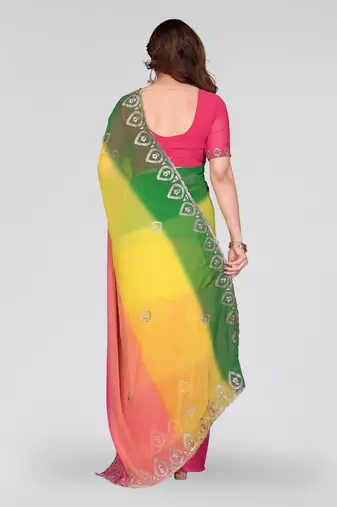 green and pink georgette silk embroidery work saree
