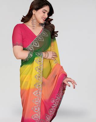 green and pink georgette silk embroidery work saree 4