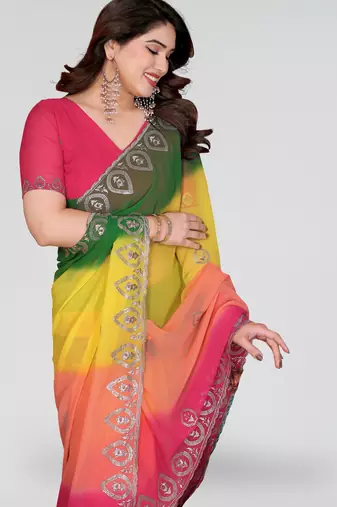 green and pink georgette silk embroidery work saree